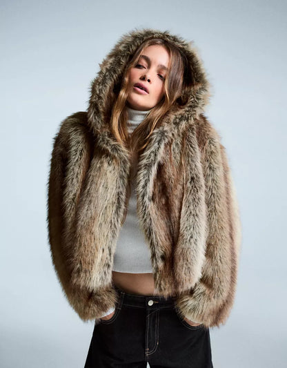 Plush Hooded Fur Coat